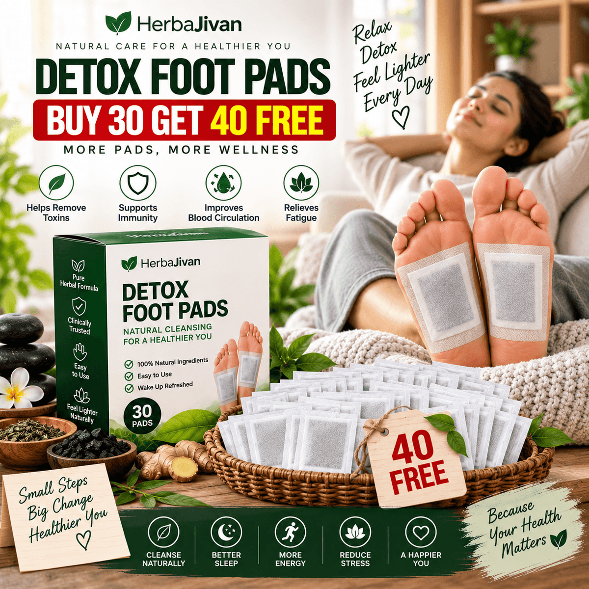 🌿 Detox Foot Pads Herba Jivan 🌿🦶 BUY 30 GET 40 FREE 🌱